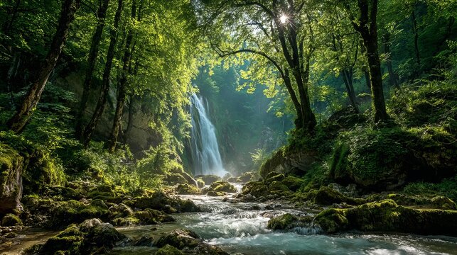Experience the awe inspiring beauty of a hidden waterfall cascading through a lush green forest with sunlight streaming through the canopy