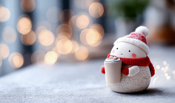 Cute Santa Claus holding hot cocoa standing against bokeh blurred background, Christmas lights glowing, adorable 3D design cartoon, joyful holiday Christmas Festive - Powered by Adobe