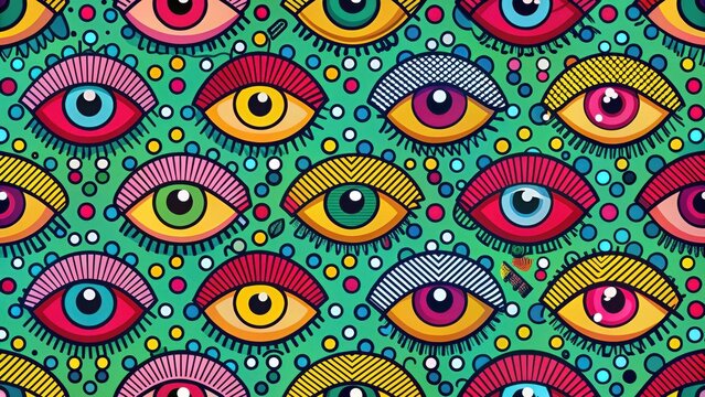 Vibrant Psychedelic Eye Pattern Featuring Bold Colors and Geometric Eyelashes on a Teal Background