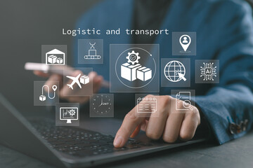 Logistic and transport concept, Businesswoman using laptop with supply chain technology for logistic management, organizing and controlling resources to meet the needs of customers.
