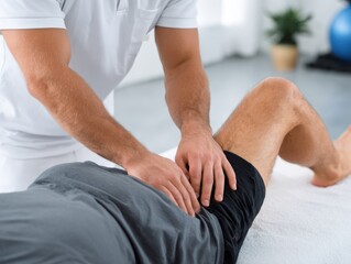 A therapist performs a manual adjustment on a patient receiving physical therapy in a serene clinic environment.