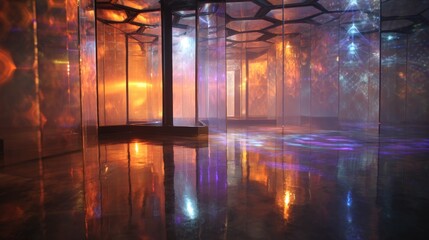A futuristic, colorful interior space with reflective surfaces and illuminated patterns, creating an immersive visual experience.