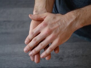 A close-up of two hands, one resting on top of the other, with visible veins and skin texture, set against a neutral background.