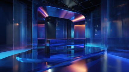 A futuristic, illuminated space featuring sleek, curved surfaces and vibrant blue and purple lighting effects.