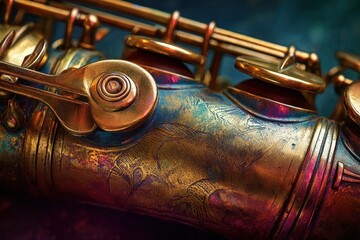 A close-up of a beautifully crafted saxophone, showcasing intricate details and a vibrant, shiny finish.