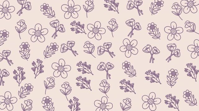 Doodle floral pattern with purple flower illustrations, suitable for stationery, textiles, and pattern designs for a whimsical touch.