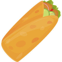 Cartoon Style Illustration of a Delicious Wrap Sandwich with Fresh Ingredients and a Golden Tortilla Filling Ready to Eat Isolated on a Transparent Background in Bright Lighting