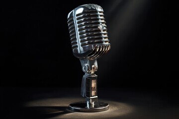 A vintage microphone stands elegantly, reflecting light, evoking feelings of music and performance in a darkened setting.