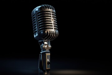A vintage-style microphone stands prominently against a black background, showcasing its sleek design and polished surface.