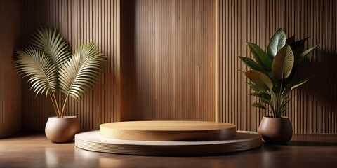 Serene Minimalist Wooden Display with Tropical Foliage and Round Platform