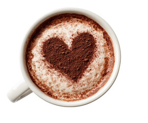 Fototapeta premium Top view of a coffee cup with a heart design made from cocoa powder, isolated on transparent background