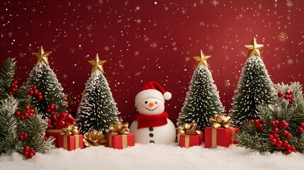 red Christmas banner background with 3D snowman wearing a Santa hat and scarf, gift boxes and Christmas trees on a snowy background.
