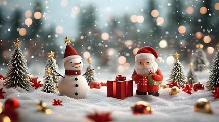 Fototapeta premium Christmas banner background with 3D snowman and Santa Clus, gift boxes and Christmas trees on a snowy background.