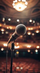 A close-up of a microphone on a stand, set against a blurred background of an elegant theater with lights, suggesting a performance atmosphere.