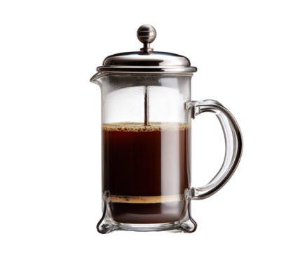 A glass french press coffee maker filled with dark coffee, isolated on transparent background