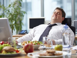 A relaxed man enjoying a meal at his desk, surrounded by food and drinks, in a bright office environment.