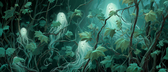 neon wisp spirits entwined with creeping vines; nature inspired emerald halloween background