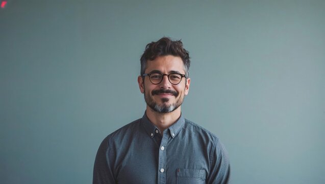 Professional smiling man with glasses and beard wearing denim shirt against mint green background in modern portrait style
