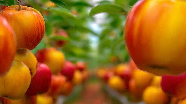 Vibrant red and yellow apples in an orchard, captured close-up with a tunnel effect. Agriculture, organic farming.