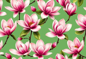 Fototapeta premium Elegant magnolia blossom repeat pattern, showcasing delicate petals and rich color variations, leaf, design