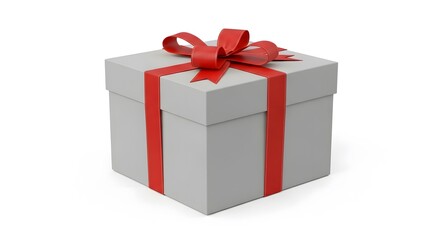 3D Gift Box with Red Ribbon and Bow Isolated on White Background. Present for Birthday, Christmas, or Holiday Celebration.
