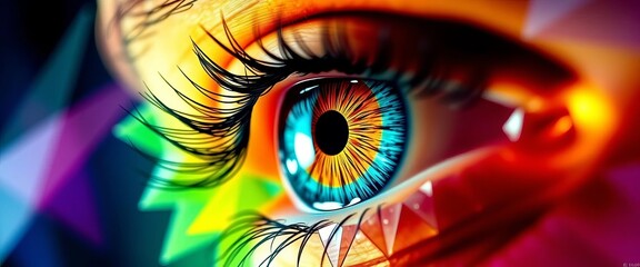 Intricate geometric eye design with sharp angles and vibrant color gradients, print, decoration
