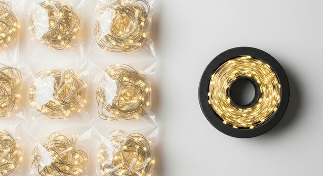 Warm led string lights packaged and rolled for efficient storage and use
