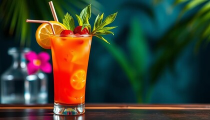 Vibrant tropical cocktail in tiki glass with garnish, drink, exotic