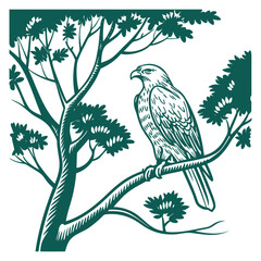 teal silhouette bird on tree branch, nature, woodcut illustration, botanical, dark green background, high contrast, detailed, linocut, block print
