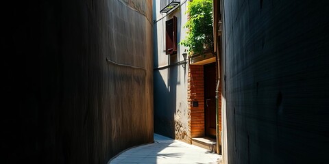 Obraz premium A hidden, shadowy alleyway just around a bend, perspective, wall