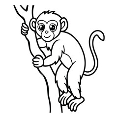 a cheerful cartoon monkey, playful primate, illustrated animal, black and white line drawing, whimsical character, graphic illustration
