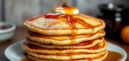 A stack of fluffy, golden-brown pancakes with slightly browned edges, syrup drizzled on top,  airy,   circular