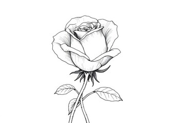 Intricate linework depicts a blooming rose, delicate petals and stem, sketchy style, pen, illustration