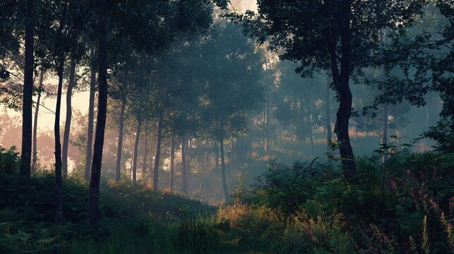 Mystical forest path bathed in ethereal morning mist and soft sunlight creating a serene and enchanting natural escape.