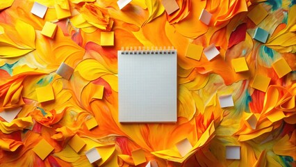 Blank Spiral Notebook on Abstract Yellow and Orange Painted Surface with Scattered Sticky Notes