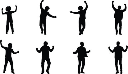 Silhouette people celebrating with raised hands and dancing poses, happy energetic motion figures for party design