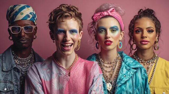Group of genderfluid individuals wearing colorful makeup and stylish clothes. Fashionable people standing against pink background. Concept of gender expression, diversity and creative identity