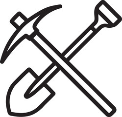 Mining pickaxe and shovel crossed outline icon in minimalist vector style for clean design.