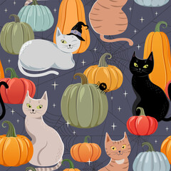 Colorful pumpkins and cute cats. Vector Halloween seamless pattern