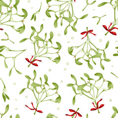 Seamless pattern with mistletoe twigs isolated on white background. Vector illustration