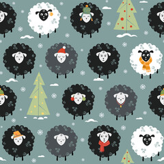 Fluffy black and white sheep and Christmas trees. Festive seamless winter holiday pattern