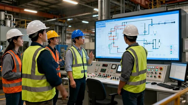 Industrial engineers discussing system schematics on large screen. Factory workers collaborating on process optimization in manufacturing plant. Panning camera movement.