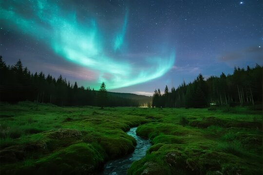 Aurora borealis illuminates a mossy forest landscape with a winding stream under a starry night sky