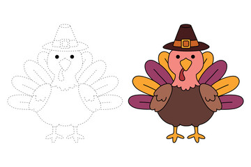 Turkey Thanksgiving Trace and Coloring Pages for Kids Thanksgiving Activity Printable Vector