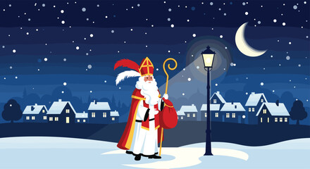 Saint Nicholas in Winter Wonderland with Gifts and Staff.