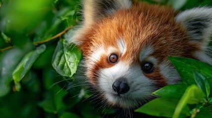 Adorable red panda peeking curiously from lush green foliage, capturing nature's wonder and wild charm