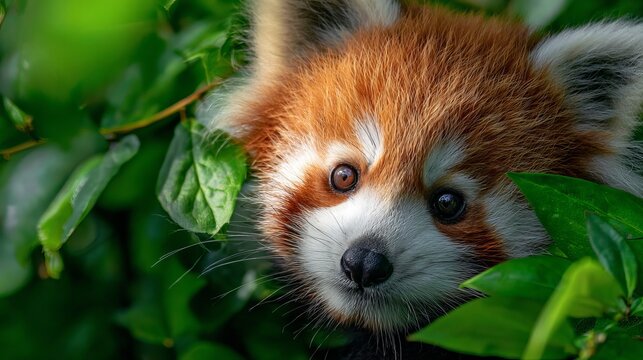 Adorable red panda peeking curiously from lush green foliage, capturing nature's wonder and wild charm