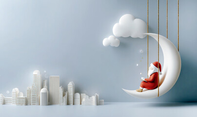 Santa Claus sitting on a crescent moon shaped swing above a night city, dreamy atmosphere, festive design for advertising with copy space, Christmas theme