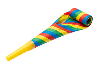 Vibrant rainbow striped party blower unfurled and rolled up isolated on transparent background