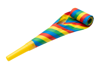 Vibrant rainbow striped party blower unfurled and rolled up isolated on transparent background